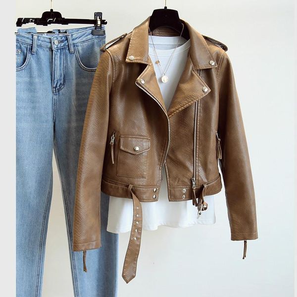 

women's leather & faux women biker moto coat 2021 spring autumn slim turn down collar short leahter jacket female street punk outwear, Black