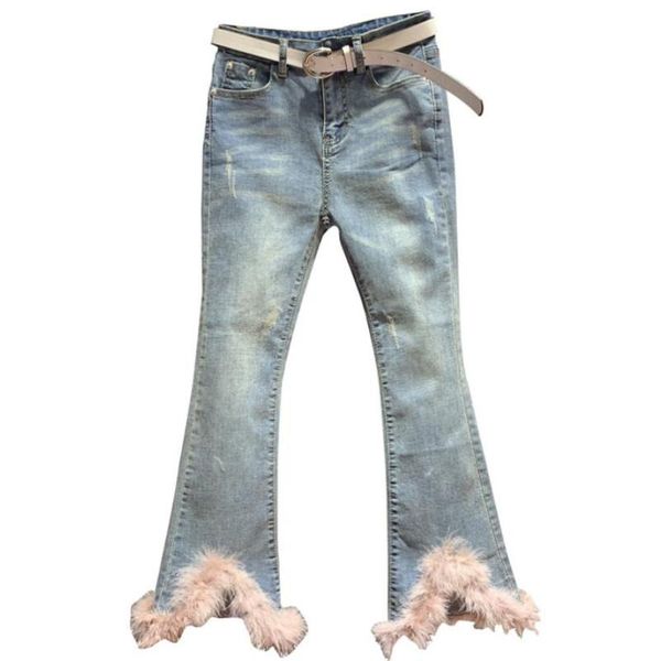 

women's jeans 2021 fur frayed stitching women denim flared pants, Blue