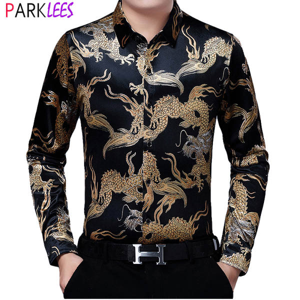 

chinese dragon gold print velvet shirts men slim fit velour mens dress shirts casual confortable chemise homme, White;black