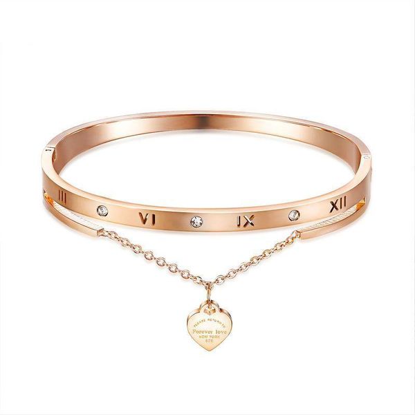 

rose gold roman numeral bracelet woman accessories stainless steel jewelry luxury heart crystal bracelet, Black