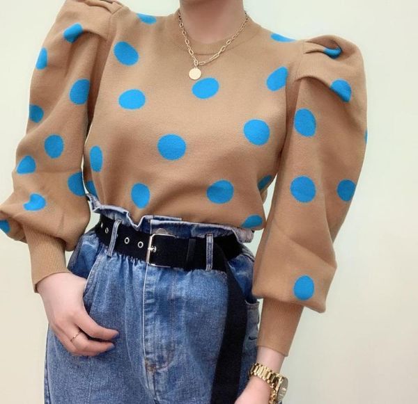 

women's sweaters ladies korean cute puff sleeve knitted sweater fashion polka dot pullover, White;black