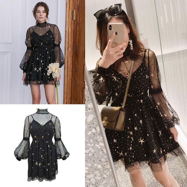 

casual dresses 8609 autumn and winter high collar cascade shawl mesh lantern sleeve dress, Black;gray