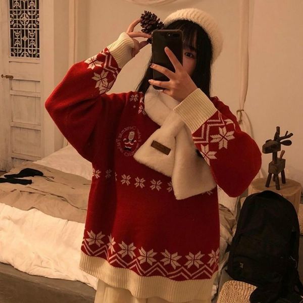 

women's sweaters autumn and winter korean style loose lazy santa claus snowflake net red pullover base sweater top, White;black