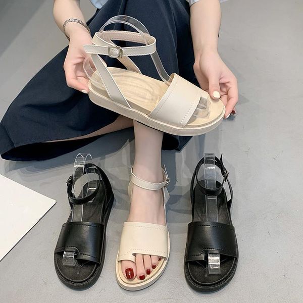 

all-match beach sandal woman luxury strappy heels flip flops platform shoes lady 2021 suit female beige fashion corrective buck sandals, Black