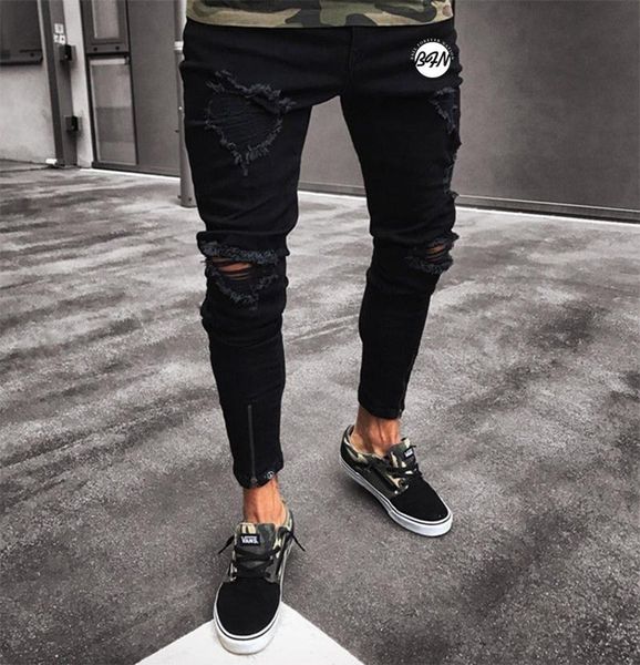 

men's jeans 2021 black stretch skinny fit bottom zipper knee ripped distressed hole biker hip hop street fashion denim pants, Blue