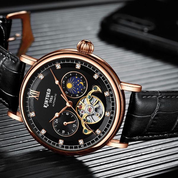 

wristwatches kinyued business waterproof mechanical movement watch fashion men's tourbillon automatic hollow skeleton luminous men j053, Slivery;brown