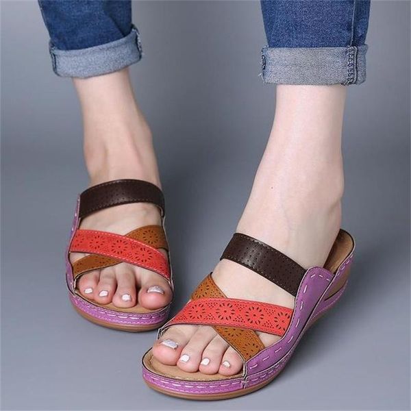 

slippers women retro style sandals 2021 fashion wedges color matching female summer lightweight beach recreational flip flops, Black