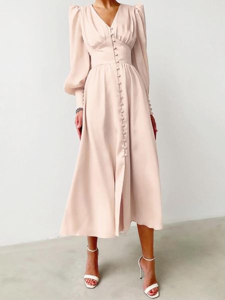 

casual dresses solid button slim chiffon women summer 2021 v-neck puff sleeved knee-length office lady clothing quality, Black;gray