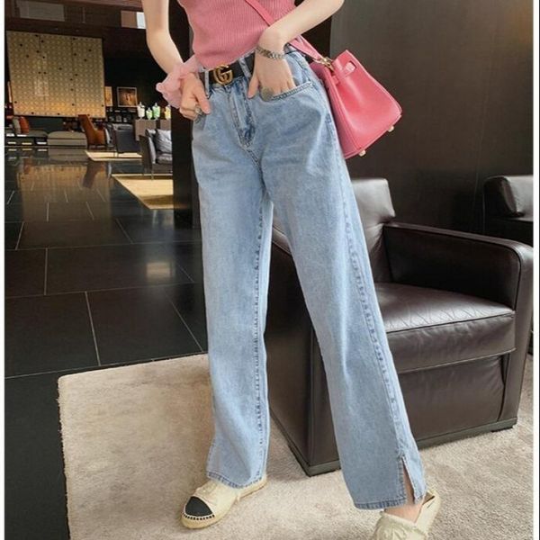 

washed female streetwear wide leg to floor long jeans lower femable pants 2021 in fashion, Blue