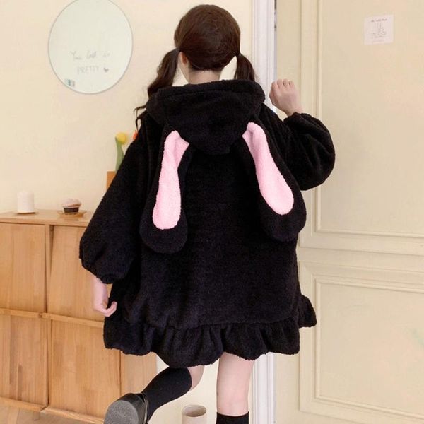 

women's jackets women winter long sleeve fuzzy hooded jacket harajuku kawaii ears zip up cardigan coat faux fur plush warm ruffles hem, Black;brown