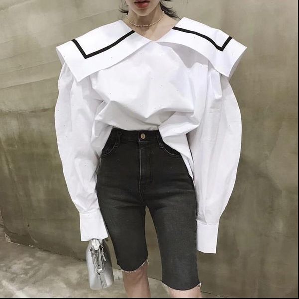 

[ewq] spring autumn long women blouses puff sleeve white sailor collar loose size blouse korea style casual shirt mg489
