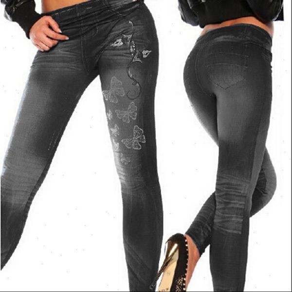 

women fashion classic womens leggings stretchy slim imitation jean skinny jeggings butterfly print pants bottoms, Black