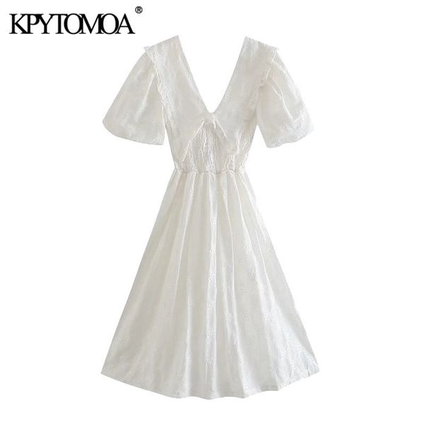 

women chic fashion hollow out embroidery smocked midi dress vintage v neck puff sleeve female dresses vestidos 210416, Black;gray