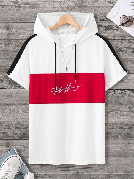 

men letter graphic color block drawstring hooded tee f5fp#, White;black