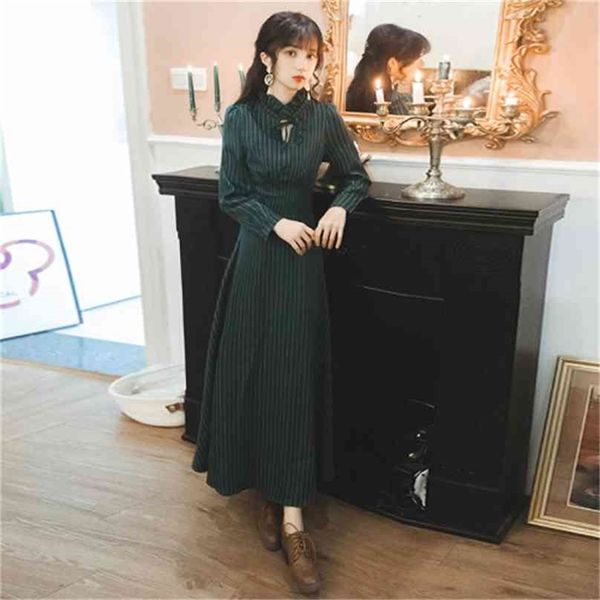 

spring chiffon striped maxi long dress woman green sleeve female vestidos ankle-length fit and flare elegant dresses 210603, Black;gray