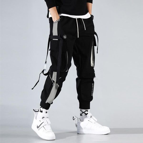 Moda Erkekler Kurdela Renk Blok Siyah Cep Kargo Pantolon Harem Joggers Harajuku Sweatpant Hip Hop Pantolon Sweatpants