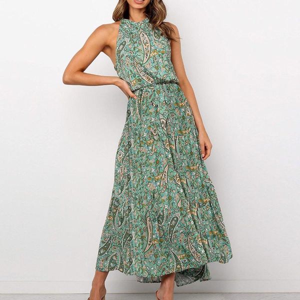 

casual dresses fashion women's summer printing dress broken flower sleeveless long beach loose bohemian for ladies, Black;gray