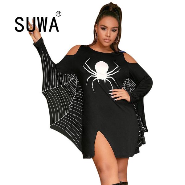 Cadılar bayramı Katı Desen Net Örümcek Baskı Uzun Kollu Elbise Varış Sonbahar Stil Trendy Chic Parti Kıyafetler Kadın 210525