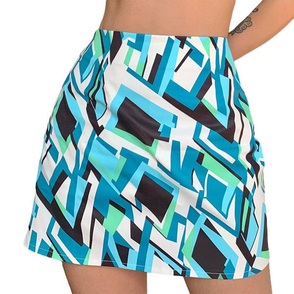 

skirts 2021 summer women's bodycon mini skirts, trendy geometric print fashion high waist zip up a-line short, Black