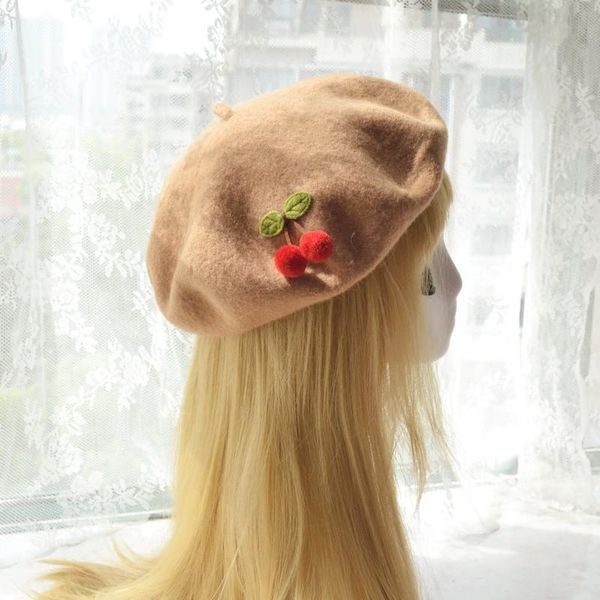 

meng da cherry sauce japanese sen female pure handmade wool felt beret painter cap hat sweet caps & hats, Yellow