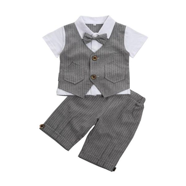 

clothing sets children boys short sleeve summer 2pc kids gentleman tie solid color bowknot cotton suit, White
