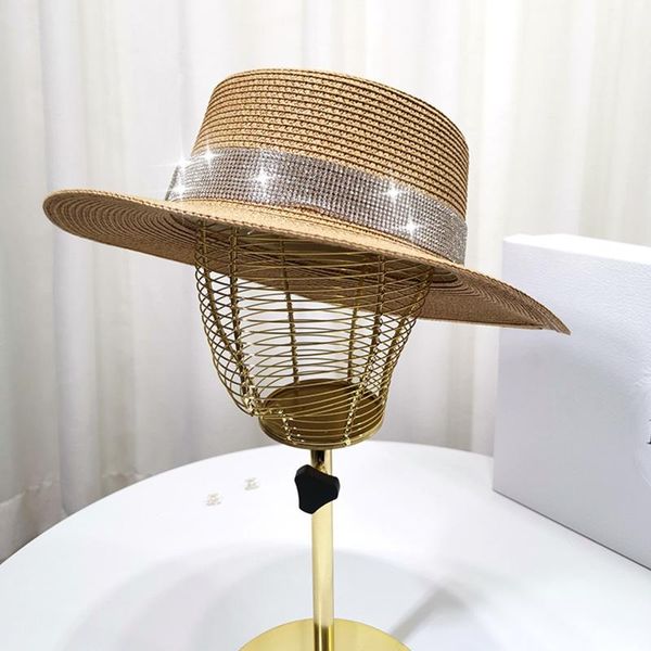 

wide brim hats summer women sequins rhinestone beach hat side female casual panama lady classic flat bowknot straw sun, Blue;gray