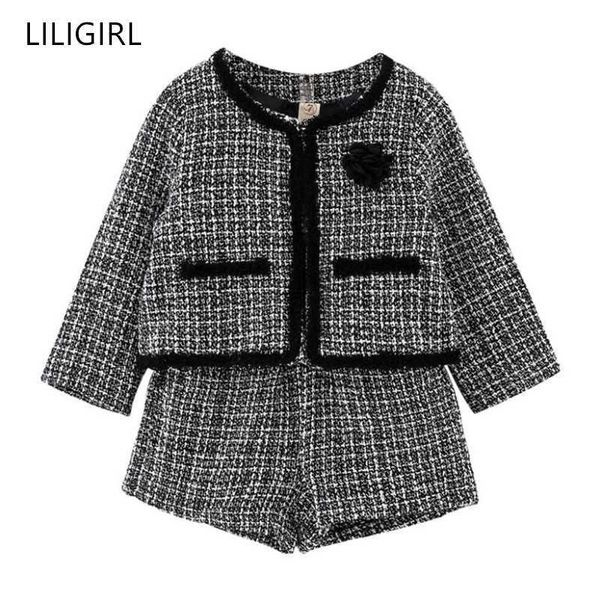 

liligirl kids girls temperament clothing set 2020 new plaid jacket+shorts 2pcs suit for baby girl good quality tracksuit costume p0831, White