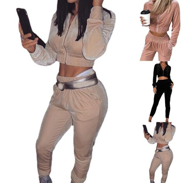 

women's two piece pants winter slim sets plain long sleeve crop + autumn cardigan zipper casual tracksuit sweatshirt set, White