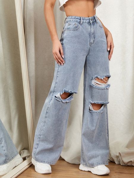 

zipper fly ripped detail wide leg jeans f0fz#, Blue