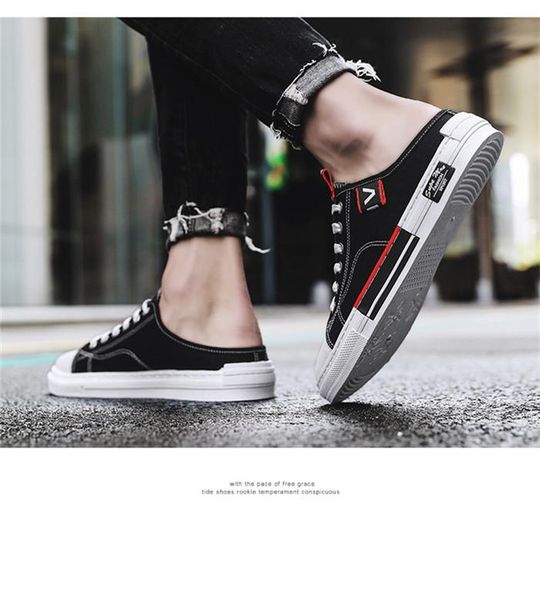 

trendy classic summer semi-slippers lazy canvas men's shoes soft comfortable and elastic easy to wear shockproof non-slip 04, Black