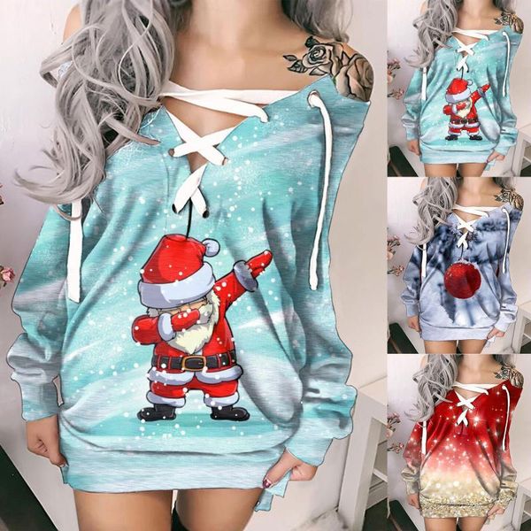 

casual dresses women's santa claus prints autumn off-shoulder strappy long sleeves bandage sweater dress mini cartoon cute, Black;gray