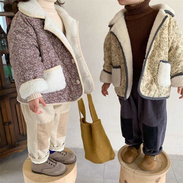 

korean style girls boys fashion floral woolen thick coats kids warm thicken short jackets 211007, Blue;gray