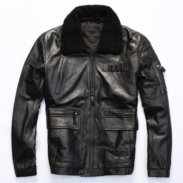 

men's leather & faux 2022 winter coat fur collar sheepskin coats cotton liner casual flight jacket black real genuine men