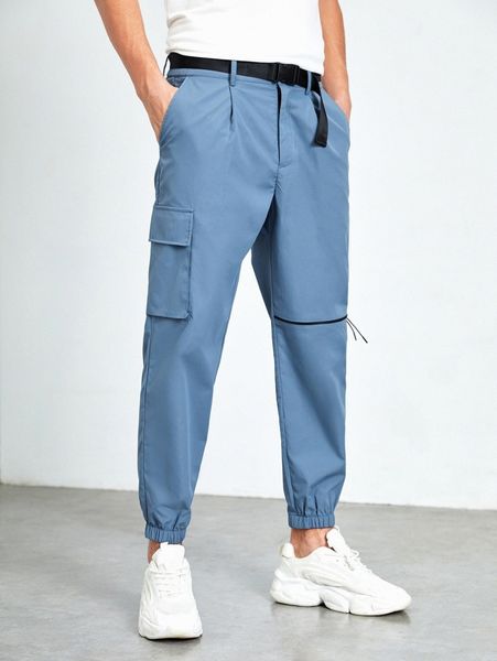 

men flap pocket zip detail belted cargo pants g3b8#, Black