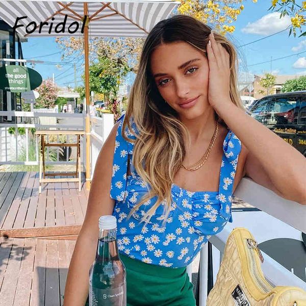 

daisy print strap lace up camis tank women boho summer crop high fashion women clothing blue 210415, White