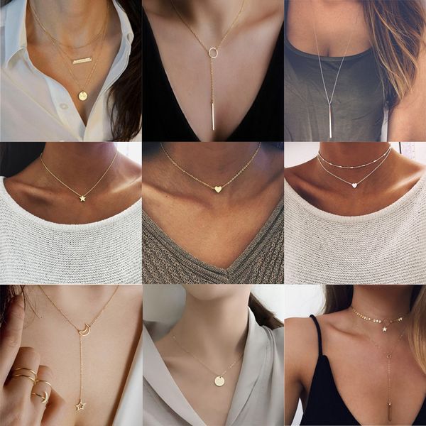 

bohemian tiny heart star necklace for women short chain coin bar moon pendant gift choker, Silver