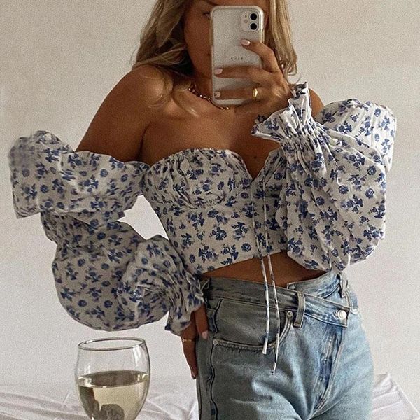 

women's t-shirt woman spring autumn blue floral print front tie strapless short square collar long puff sleeve elegant vintage, White