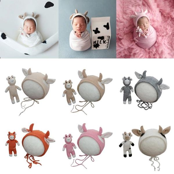 

caps & hats 2 pcs baby knitting cow hat animal doll set handmade crochet mohair beanies born pography props bonnet 85de, Yellow