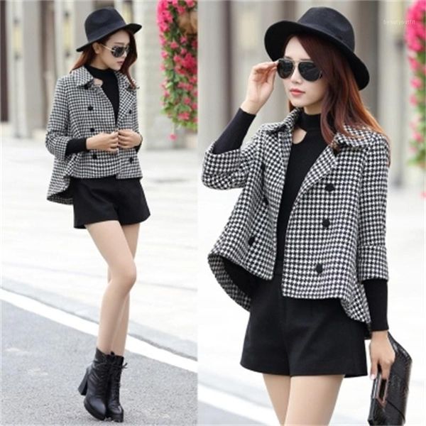 

women's suits & blazers plaid women autumn short woolen coat ladies double-breasted top, White;black