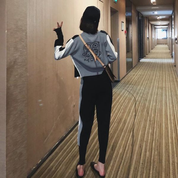 

women's two piece pants casual striped patchwork knitted sets women korean fashion zipper cardigan+sweatpants autumn outdoor sport trac, White