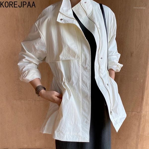 

women's jackets korejpaa women jacket 2021 autumn french temperament stand-up collar single-breasted pleated waist loose thin windbreak, Black;brown