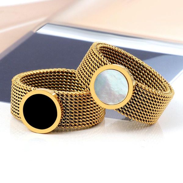 

black/white shell stainless steel ring gold silver color women men rings charm mesh for fashion jewelry gift cluster, Golden;silver