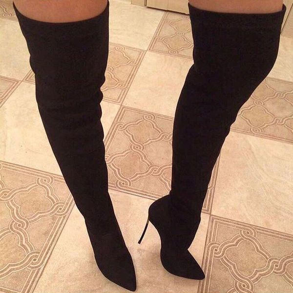 

boots charming lady stretch suede blade heel thigh metal high pointed toe over knee slip on slim leg winter botas, Black
