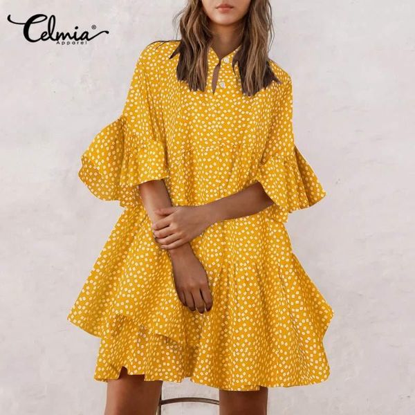 

casual dresses celmia women autumn mini fashion floral print ruffled half sleeve vestidos bohemian o neck pleated shirt robes, Black;gray
