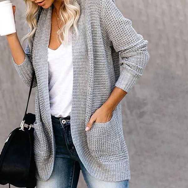 

women's knits & tees women autumn chunky knitted cardigan long sleeve rounded hem sweater coat solid color casual loose outwear with po, White