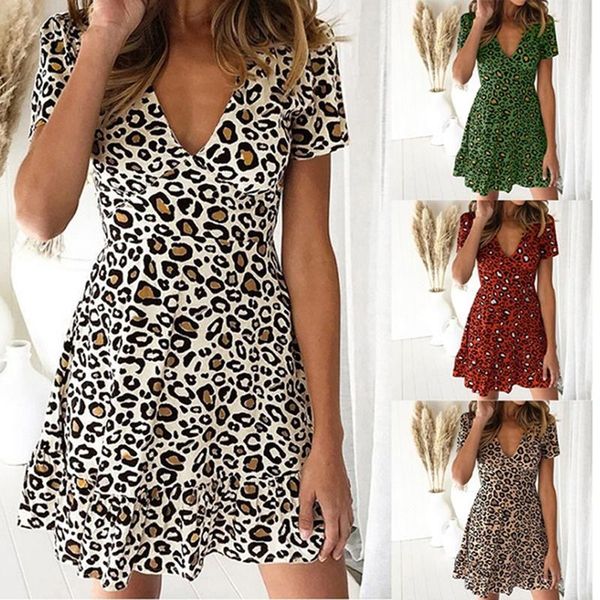 

casual dresses women summer leopard print dress v-neck ruffle short sleeve mini party beach 2021, Black;gray