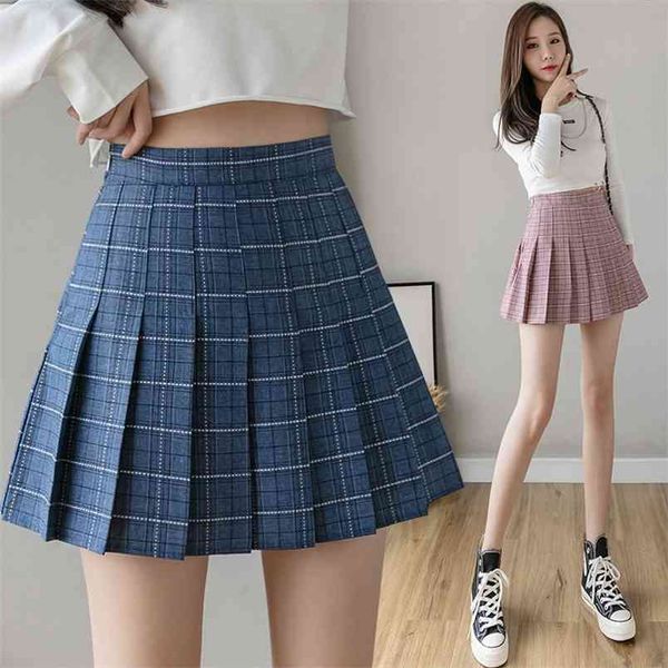 

grey big plaid student pleated skirts preppy style high waist a-line slim black short size harajuku school 210604