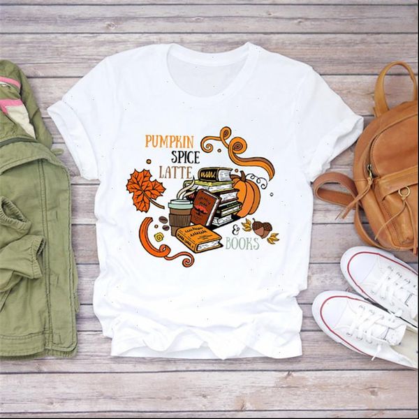 

graphic pumpkin spice latte womens t shirts books fall vintage short sleeve printed camisas mujer, White