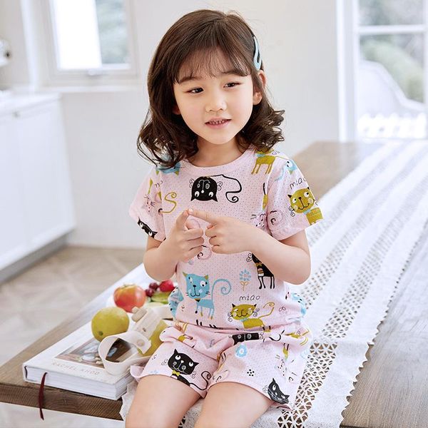 

lovely cat print girls summer breathable tracksuits girl clothing for big size teen clothes kids sets outfits, White