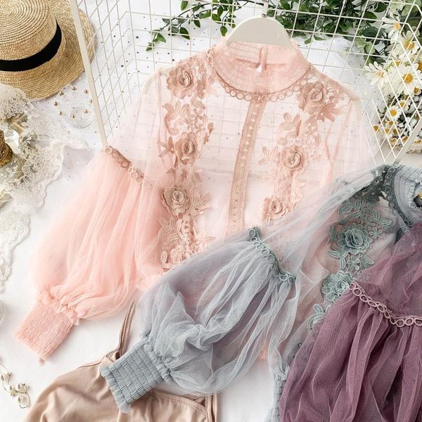 

spring women fashion sheer lace blouse lantern sleeve 3d floral blouses shirts elegant blusas femininas, White